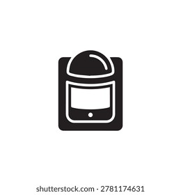 A sleek, modern smartphone is depicted inside a protective dome-shaped case, rendered in a flat, two-tone design with black and white. The smartphone screen is blank, and the dome case has a smooth, r.
