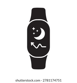A sleek, modern smartwatch band featuring a minimalist design with a white crescent moon, stars, and a curved arrow graphic on a black background. The watch has a simple, clean band with rounded edges.