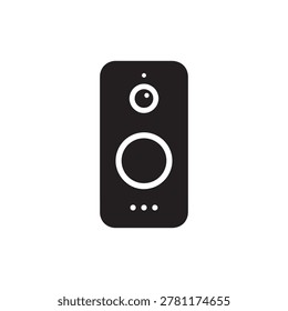 A sleek, modern speaker icon depicted in black and white with two circular design elements resembling speaker grills. The top circle is smaller with a subtle inner ring, while the bottom circle is lar.