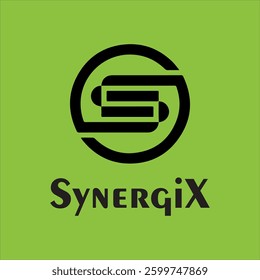 A sleek and modern Synergix logo with a bold black design on a vibrant green background. This professional and futuristic branding concept represents synergy, innovation, and collaboration.