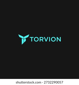 Um logotipo elegante e moderno da Torvion com um símbolo geométrico e abstrato em ciano brilhante contra um fundo escuro, ideal para marcas de tecnologia, negócios e inovação.