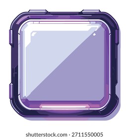 Un contenedor cuadrado elegante, moderno y transparente con un sutil tinte púrpura y una superficie reflectante, diseñado con una estética futurista.