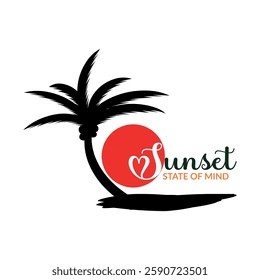 A sleek and modern t-shirt design featuring a black silhouette of a palm tree, a bold red sun, and elegant typography that reads "Sunset State of Mind." Minimalistic and stylish look makes it perfect.