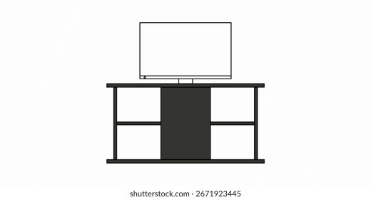 Un elegante y moderno soporte de TV con un compartimento central de almacenamiento y estantería lateral