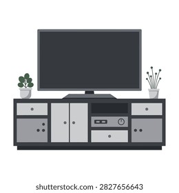A sleek, modern TV stand with a flat screen television, two decorative plants, and storage compartments