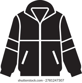A sleek and modern vector illustration of a black hooded jacket featuring bold white accents. This minimalist design showcases clean lines, with white stripes on the sleeves and front panels, and a prominent white zipper. Perfect for use in fashion design projects, apparel branding, or as a template for custom clothing graphics.