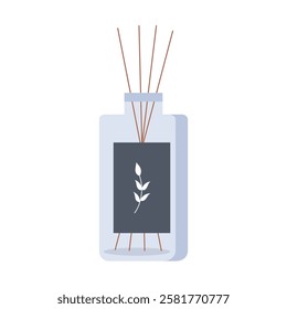 A sleek and modern vector illustration of a reed diffuser bottle, featuring a clean design with a minimalist label showcasing a delicate leaf motif.