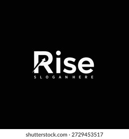 Sleek modern vector wordmark logo featuring 'Rise' in elegant uppercase typography with a sharp upward arrow integrated through the letters and a subtle red peak accent above the 'i', all in crisp white or red on deep black background. Perfect for premium personal development coaching, motivational apparel brands, leadership training programs, career advancement platforms, or high-end mindset transformation services seeking a powerful, aspirational, and contemporary identity symbolizing elevation, achievement, and unstoppable progress.