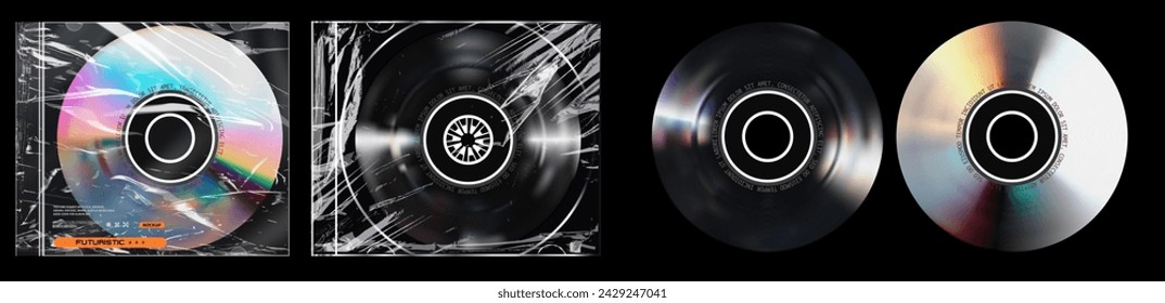 Sleek Modern Vinyl Record Design with Reflective Rainbow Surface and Central Emblem. Set of vinyl record mockups featuring futuristic art covers, ideal for music album presentation and design projects