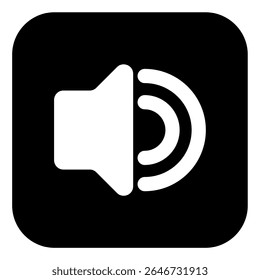 A sleek, modern white speaker icon with curved sound waves on a rounded black square. Ideal for app buttons, user interfaces, or any digital design requiring clear audio output representation