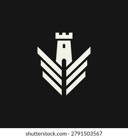 Sleek and modern white vector logo featuring a castle turret and abstract wings, perfect for security, real estate, or corporate identity design.