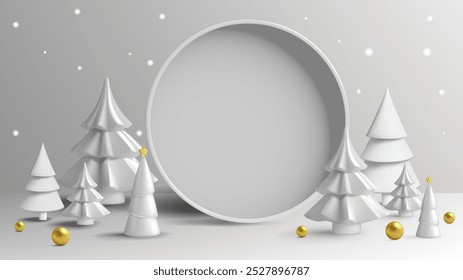 Una escena de invierno elegante y moderna con árboles de Navidad blancos estilizados y adornos dorados simples contra un telón de fondo nevado y minimalista. Perfecto para diseños de temática invernal, tarjetas de vacaciones