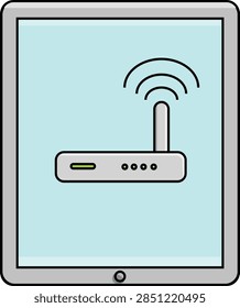 A sleek, modern wireless router with indicator lights and radiating signal waves is depicted on a tablet screen, symbolizing connectivity and technology.