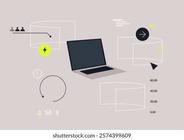 A sleek, modern workspace features a futuristic laptop screen displaying dynamic data graphics, The ambiance is minimalistic, emphasizing innovation and technology