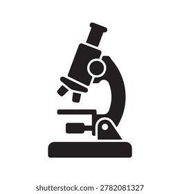 A sleek, monochromatic illustration of a classic microscope with detailed components like eyepiece, objective lenses, and stage. The design uses bold black lines and shading for depth, set against a c.