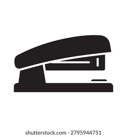 A sleek, monochromatic illustration of a classic stapler with a dark, solid body and metallic arm, set against a clean white background. The design emphasizes sharp edges and a modern, minimalist aest.