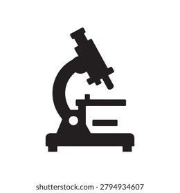 A sleek, monochromatic illustration of a compound microscope with a simple, clean design. The microscope features a curved arm, dual eyepieces, a central focusing knob, and a rectangular stage. The en.