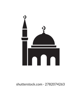 A sleek, monochromatic illustration of a mosque featuring a central dome and a tall minaret, both topped with crescent moon symbols. The design is bold and clean with high contrast, emphasizing archit.