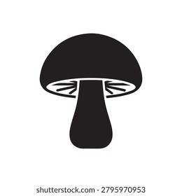 A sleek, monochromatic illustration of a mushroom with a rounded cap and tapered stem, rendered in solid black. The cap features subtle gill details in white, creating contrast against the dark silhou.