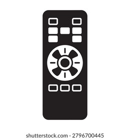 A sleek, monochromatic illustration of a remote control featuring a directional pad in the center with four arrows and a select button. Above and below the pad are rows of rectangular buttons, all ren.