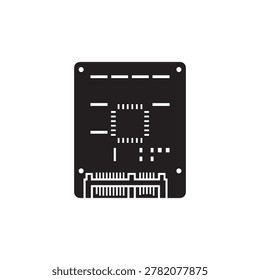 A sleek, monochromatic illustration of a solid-state drive (SSD) module featuring a central chip and surrounding components. The design highlights a PCI Express (PCIe) connector at the bottom, rendere.