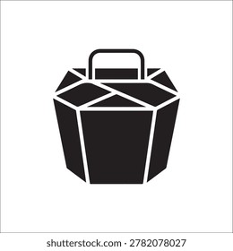 A sleek, monochromatic illustration of a takeout container with a handle, depicted in bold black and white. The container features a geometric design with subtle shading, giving it a modern and stylis.