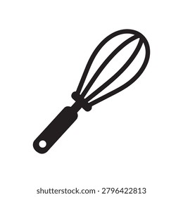 A sleek, monochromatic line drawing of a wire whisk with a simple, ergonomic handle, rendered in solid black against a plain white background. The design emphasizes clean lines and a minimalist aesthe.
