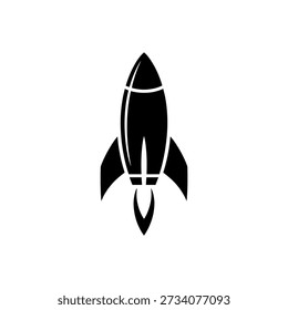 A sleek, monochromatic rocket icon depicts space travel and futuristic technology.
