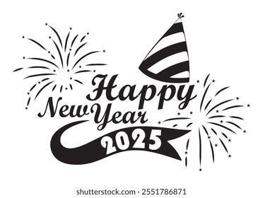 A sleek monochrome "Happy New Year 2025" text design with a simple ribbon accent