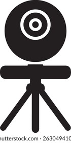 A sleek monochrome illustration depicts a webcam secured to a tripod stand, ideal for professional online streaming or video recording. 