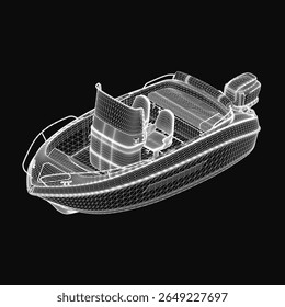 Um modelo elegante de arames de barco a motor flutua sobre um fundo preto, mostrando detalhes intrincados em 3D de seu casco e estrutura. O design transparente destaca a forma aerodinâmica do barco.
