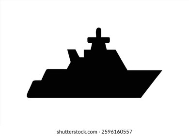 A sleek naval ship is depicted in silhouette style, showcasing its modern design and structure. Its angular features create a strong presence in the graphic, emphasizing maritime strength.