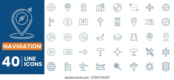 Un elegante conjunto de iconos de navegación en estilo de línea minimalista con trazo editable, diseñado para integrarse sin problemas en mapas, App móviles, paneles e interfaces basadas en la ubicación.
