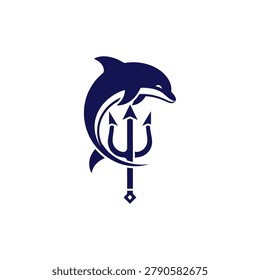 A sleek navy blue dolphin logo embracing a stylized trident symbol, with the trident anchored at the bottom featuring a diamond-shaped node