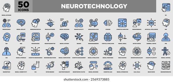A sleek Neurotechnology Icon Sheet featuring designs for neural networks, brain implants, neuroimaging, cognitive computing, synaptic plasticity, and more, highlighting innovations in neuroscience.