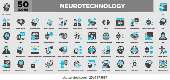 A sleek Neurotechnology Icon Sheet featuring designs for neural networks, brain implants, neuroimaging, cognitive computing, synaptic plasticity, and more, highlighting innovations in neuroscience.