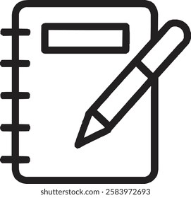 A sleek Notebook and Pen icon with a clean black outline on a white background. Minimalist and professional, symbolizing writing, creativity, and productivity in a simple yet elegant design.