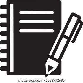 A sleek Notebook and Pen icon with a clean black outline on a white background. Minimalist and professional, symbolizing writing, creativity, and productivity in a simple yet elegant design.