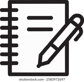 A sleek Notebook and Pen icon with a clean black outline on a white background. Minimalist and professional, symbolizing writing, creativity, and productivity in a simple yet elegant design.