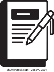 A sleek Notebook and Pen icon with a clean black outline on a white background. Minimalist and professional, symbolizing writing, creativity, and productivity in a simple yet elegant design.