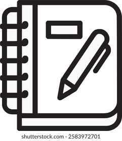 A sleek Notebook and Pen icon with a clean black outline on a white background. Minimalist and professional, symbolizing writing, creativity, and productivity in a simple yet elegant design.