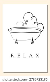 A sleek one line art drawing of a bathtub with steam rises. The word RELAX is written below the design.