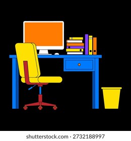 A sleek and organized home office featuring a blue desk with a computer, yellow chair, and various office supplies.