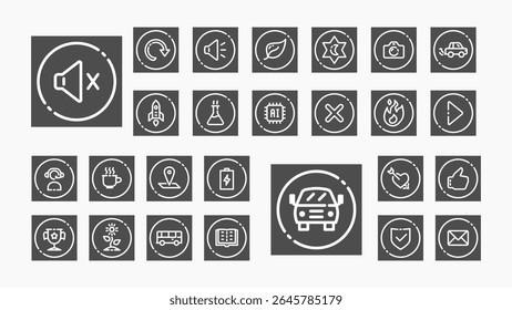 A sleek outline icon set with a dark UI theme, perfect for tech interfaces, apps, automotive, media, communication, and science features.