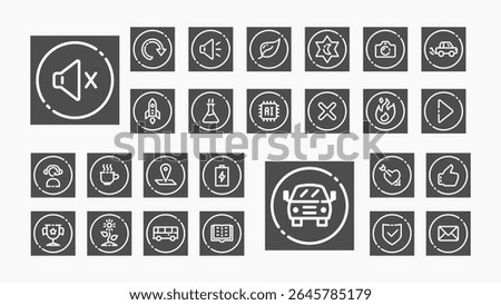 A sleek outline icon set with a dark UI theme, perfect for tech interfaces, apps, automotive, media, communication, and science features.
