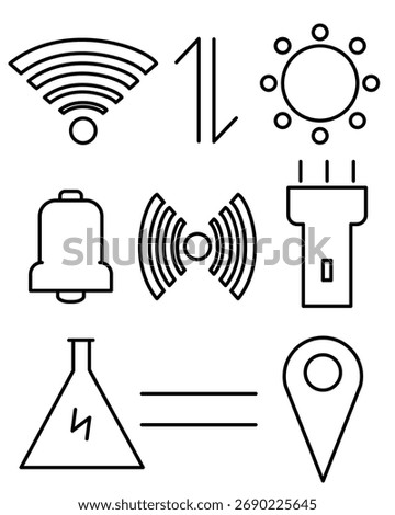 A sleek outline icon set featuring essential device and control symbols like Wi-Fi, Data, Brightness, Bell, Hotspot, Flashlight, Portion, Equal, and Location icons.