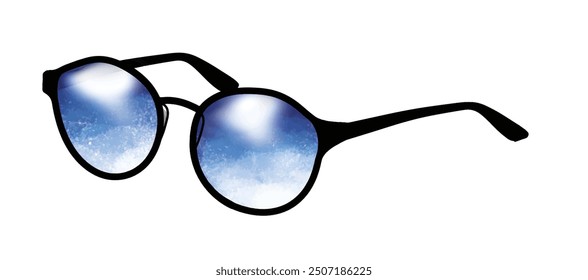 A sleek pair of black sunglasses featuring round frames and reflective blue lenses in watercolor style. The stylish design captures the essence of modern fashion.