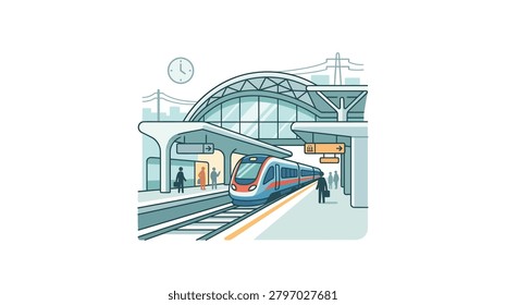A sleek passenger train pulling into a station platform with commuters waiting to board under a large arched glass roof structure