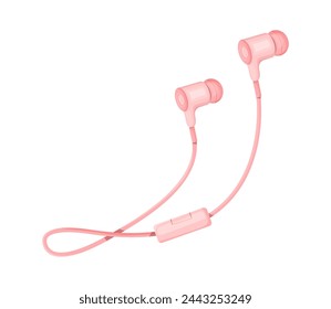 Sleek pink earbuds with inline remote on white. Cute female headphones. Simple close-up vector illustration of earphones.