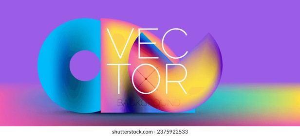 Sleek podium with abstract composition of squares, circles, and triangles, adorned with vibrant fluid gradients for wallpaper, banner, background, landing page, wall art, invitation, print, poster